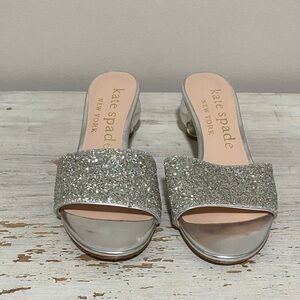 Kate Spade Silver Glitter Mules with Clear Heel feat NY City Motif